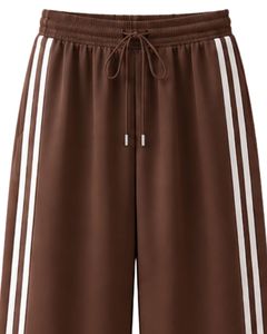 Manufacturer Custom Brown Wide Leg Track <b>Pants</b> With White Side Stripes Women Casual Loose Fit Elastic Waist Streetwear Trousers - Product Image 5