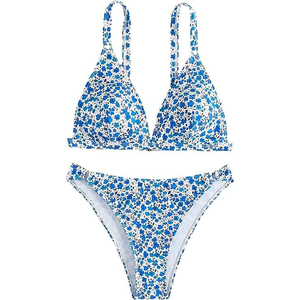Blue Floral 2 Piece Set Woven Halter Ladies Swimsuit High Waist <b>Tummy</b> <b>Control</b> Digital Print Athletic Performance Surfing Wear - Product Image 3