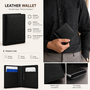 Men's Vintage Short Bifold Wallet Saffiano Genuine Leather <b>Credit</b> <b>Card</b> <b>Holder</b> Slim Cash Folder Polyester Lining Daily Use Gift - Product Image 3