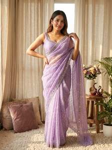 Sari Designer Shadow Jarkan avec broderie de diamants et de miroirs véritables, motif Moss Butti, et pièce de blouse non cousue motif Moss Butti - Product Image 2