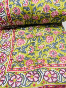 Reversible Printed <b>Quilt</b> Floral Pattern Green Pink Gray Striped Border Bohemian Style All Season Home Use Cotton Handmade - Product Image 5