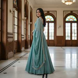คอลเลคชั่นชุดเดรส Anarkali สำหรับงานปาร์ตี้และงานเทศกาลสำหรับผู้หญิงรุ่นล่าสุด ผ้าซาตินไหมแท้ พร้อมงานปักเลื่อม - Product Image 4