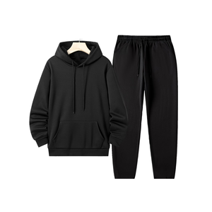 Ensemble de survêtement unisexe noir en molleton polyester/coton respirant, prix bas, couleur unie, manches longues, hiver, ourlet fendu sur le côté - Product Image 1