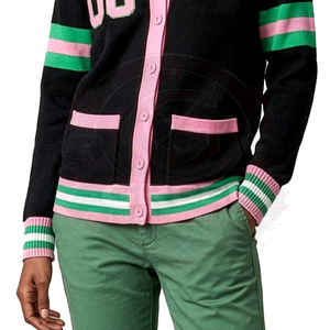 Cárdigan Personalizado Sorority Alpha AKA Inspirado en el Diseño Original, con Letras Bordadas en Chenilla Negra y Verde, Logotipo Frontal Acrílico Sólido para Mujer, Estilo Griego - Product Image 2
