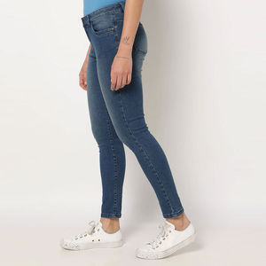 Jeans Ajustados de Cintura Alta para Mujer, Azul Oscuro, Corte Slim, Elásticos, Pantalones de Mezclilla, Largo al Tobillo, Casuales - Product Image 2