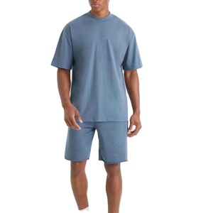 High Quality O-Neck T-<b>Shirts</b> And Shorts Summer Set For <b>Men</b> 100% Cotton <b>Fleece</b> Acid Wash Short Sets Breathable Solid Pattern - Product Image 5