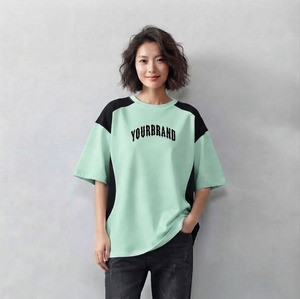 T-shirt à manches courtes raglan 230G pour femme, style coréen, imprimé personnalisé, couleur contrastante, coupe ajustée, streetwear tendance - Product Image 1