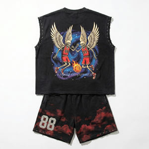 Conjunto de Camiseta sin Mangas Negra para Hombre con Estampado de Esqueleto Angelical de Baloncesto, Cuello Redondo, Estilo Urbano, Atuendo de Verano - Product Image 2