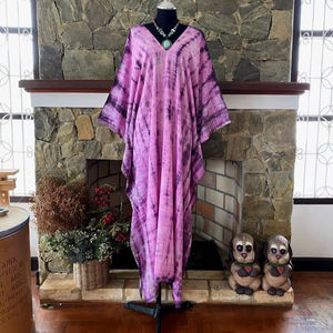 Robe Kaftan en Rayonne Tie-Dye Shibori Japonais Grande Taille Violet Rose Bohème Maxi Cache-Maillot de Plage - Product Image 1