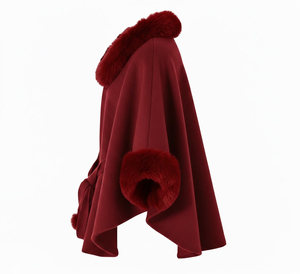 <b>Burgundy</b> Faux Fur Trim Long <b>Women's</b> Winter Warm Fleece 100% Polyester Elegant Cape Sleeveless Loose Fit Solid Color Thick Coat - Product Image 4