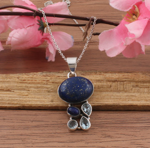 Collier vintage unisexe rétro en argent sterling 925 plaqué platine avec sertissage en lapis-lazuli naturel - Product Image 5
