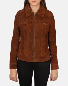 Veste en daim marron de qualité supérieure pour femmes, style trucker, manches longues, fermeture éclair, col rabattu, style automne, longueur normale - Product Image 2