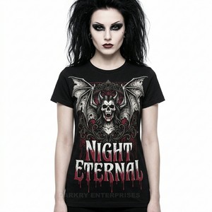 Camiseta de Algodón para Mujer con Gráfico de Alas de Murciélago, Estilo Gótico Oscuro y Oculto, Ropa Urbana Personalizada, Tema Vampiro Nocturno Eterno - Product Image 1