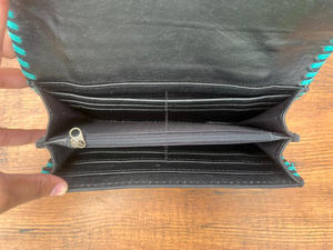 กระเป๋าสตางค์หนังแท้แบบเย็บติดหนังสีเทอร์ควอยซ์สำหรับผู้หญิงกระเป๋าสตางค์แบบเย็บติดหนังวัวแท้กระเป๋าสตางค์แบบเย็บติดหนังแบบตะวันตกที่ผมแบบซ่อนไว้ - Product Image 6