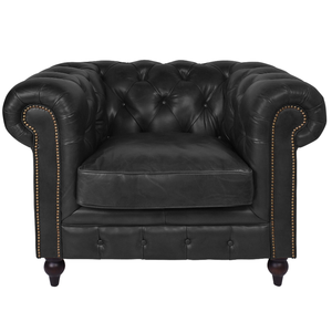เก้าอี้หนังเชสเตอร์ฟิลด์แบบเดี่ยวระดับไฮเอนด์ พร้อมที่วางแขนแบบโค้งมน และงานปักกระดุมแบบแฮนด์เมด ฐานไม้เนื้อแข็ง สำหรับใช้ในบ้าน - Product Image 1