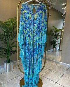Abaya Azul con Cuentas y Estampado Paisley, con Borlas, Manga Larga, Largo hasta el Suelo, Cuello Alto, Corte Ajustado, Vestido de Fiesta Étnico Bordado para Mujer - Product Image 1