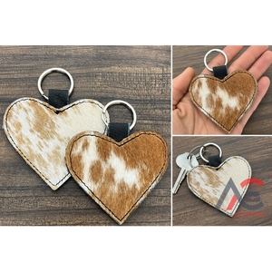 Handmade Hair On Cowhide Leather Keychain Real Genuine Leather Western Style Heart Shape <b>Key</b> <b>Ring</b> Accessory for Women's & Mens - Product Image 1