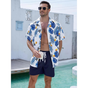 Conjunto de 2 piezas para hombre, camisa y pantalones cortos con estampado hawaiano, azul Monstera XL, poliéster tejido transpirable - Product Image 5