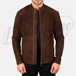 Chaqueta de cuero de gamuza marrón premium para hombre, corte ajustado, cuello alto, chaqueta clásica con cremallera, chaqueta ligera para otoño - Product Image 1