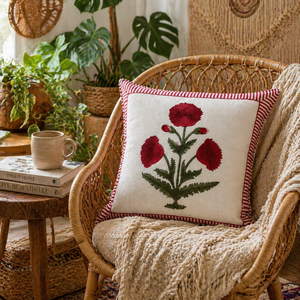 Boho Red Floral Cotton Cushion Cover Handmade Decorative Sofa <b>Throw</b> Pillow Cover <b>for</b> Modern Home Decor - Product Image 3