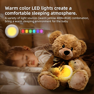 Jouet en peluche portable personnalisé en stock avec mécanisme sonore, lumière LED pour bébé, générateur de sons apaisants et de bruit blanc respirant - Product Image 1