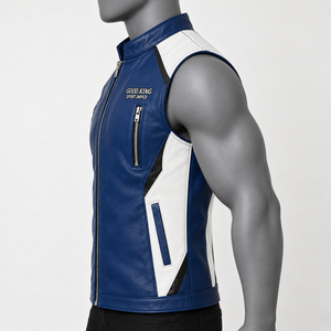 <b>Men's</b> Autumn Blue <b>White</b> Leather Biker Style <b>Vest</b> Stand Collar Sleeveless Zip Waistcoat Contrast Shoulder Side Panels Chest Zip - Product Image 5