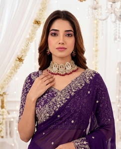 AARA Fashion <b>Purple</b> Silk <b>Saree</b> Gold Embroidery Sun Protection for Wedding Women Elegant Floor Length Regular Fit India Pakistan - Product Image 4