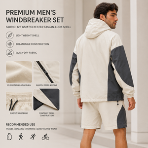 Conjunto de Chaqueta Cortavientos con Capucha y Pantalones Cortos para Hombre, Estilo Deportivo con Bloques de Color, Secado Rápido, Traje Deportivo de Poliéster para Primavera - Product Image 4
