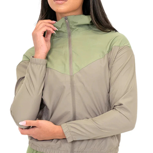 <b>Women's</b> Color Blocked Racer <b>Jacket</b> Hooded Full Sleeve Zipper Windproof Autumn Sport Wear Green Gray Contrast Design - Product Image 4