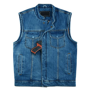 Gilet en jean bleu vintage sans manches pour homme, col montant, double poche poitrine, veste en jean délavée, logo personnalisé, streetwear, gilet en jean OEM - Product Image 5