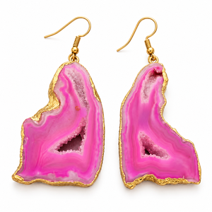 Boucles d'oreilles pendantes originales en laiton faites à la main Ha Gems, avec cristaux de Drusy, du Rajasthan - Unisexe, pour mariage et occasions festives - Product Image 2