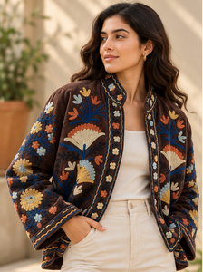 Thanksgiving Christmas Espresso Brown <b>Velvet</b> Reversible <b>Women</b> Suzani <b>Coat</b> Cream Flower Crewel Sustainable Jaipuri B2B Wholesale - Product Image 3