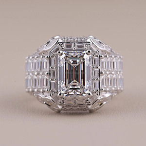 Emerald Cut Moissanite Diamond Icedout Style Engagement <b>Ring</b> 925 Sterling Silver Hip Hop <b>Ring</b> For <b>Man</b> Cluster Halo Handmade <b>Ring</b> - Product Image 1