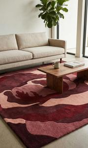 Tapis rectangulaire tendance bordeaux abstrait en laine tuftée à la main, antidérapant, à poils moyens, style artistique contemporain et moderne - Product Image 5