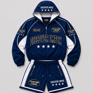 Ensemble court unisexe bleu en nylon Discover-Impex, veste à capuche zippée avec empiècements contrastants et short de survêtement imprimé graphique, style streetwear - Product Image 1