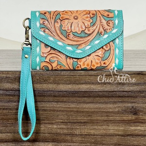 Premium Handcrafted Genuine Cow <b>Leather</b> <b>Tooled</b> Floral Wristlet Wallet for Women Western Clutch Card Holder RFID Travel Wallet - Product Image 1