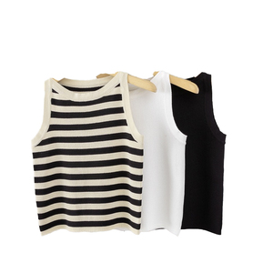 Women Knitted Striped O-Neck <b>Crop</b> Tank <b>Top</b> Minimalist Style Breathable Solid Color Sleeveless <b>Top</b> Short Length - Product Image 1