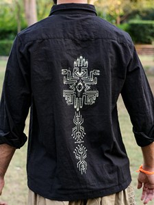 Artisanal <b>Men</b>’s Black Handloom Cotton Shirt Full Sleeve Eco-Friendly Breathable Casual Wear Button-Down <b>Kurta</b> Style Top - Product Image 3