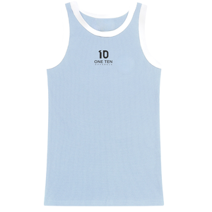 Camiseta sin mangas acanalada azul claro para mujer con ribete en contraste blanco, de algodón premium, sin mangas, informal, para verano, OEM ODM al por mayor - Product Image 1