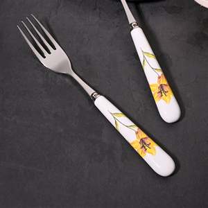 Ceramic & Steel Sunray Floral <b>Forks</b> (Set of 2) Kids Friendly Stainless Steel Handle for Dinner Fruit Food in Restaurant Use - Product Image 1