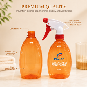 ขวดสเปรย์พลาสติกทรงรี PET 500 มล. สีใสอำพัน พร้อมหัวฉีดสเปรย์สำหรับน้ำยาทำความสะอาดกระจก ทำความสะอาดบ้าน ผลิตในเวียดนาม - Product Image 2