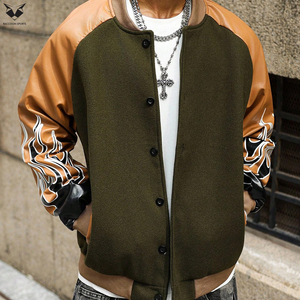 Trendy Men Varsity Jacket, Wool Body PU Leather Flame Print Sleeves Streetwear Fashion Bomber Jacket Custom Brand Apparel - Product Image 5