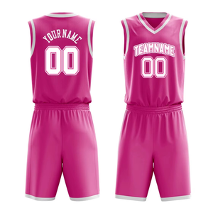 Ensemble d'uniformes de basketball roses personnalisables, impression par sublimation, col en V, sans manches, respirant, polyester, unisexe adulte, tenue d'équipe - Product Image 1