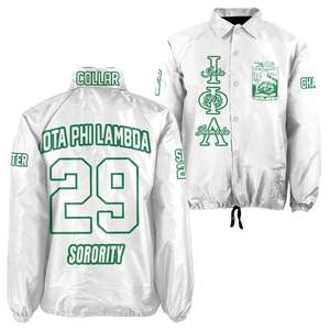 Chaqueta Universitaria Personalizada Iota Phi Lambda para Mujer, Blanca con Letras Griegas Verde Esmeralda, Escudo, Número y Año, Estilo Bomber - Product Image 4