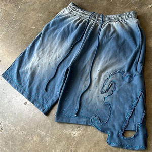 OEM Custom <b>High</b> Quality French Terry 100%Cotton Rhinestones Cut and Sew Pants Streetwear Distressed Men Acid Wash Shorts - Product Image 5
