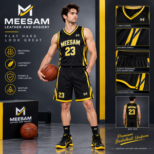 Conjunto de camiseta de baloncesto para hombre, sin mangas, cuello en V, uniforme de malla que absorbe la humedad, negro, amarillo, 23, estampado con el nombre del equipo - Product Image 1