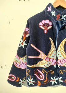 Premium Black <b>Velvet</b> Embroidered Suzani <b>Jacket</b> With Floral And Bird Pattern Full Sleeve Stand Collar Bohemian Winter Coat - Product Image 5