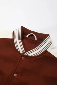 Men's Brown Varsity Jacket Polyester Cotton Shell Stand Collar <b>Covered</b> <b>Button</b> Closure Casual Style Loose Fit Breathable Winter - Product Image 2