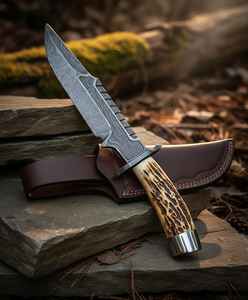 Cuchillo de Caza de Acero Inoxidable con Borde Dentado, Mango de Asta de Ciervo y Funda de Cuero para Kit de Supervivencia en Campamentos y Senderismo al Aire Libre - Product Image 1