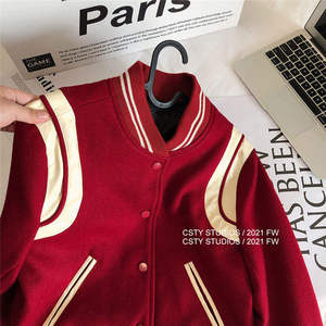 Fashion <b>Red</b> Varsity Knitted <b>Jacket</b> with Patchwork Regular Length <b>Waterproof</b> - Product Image 5